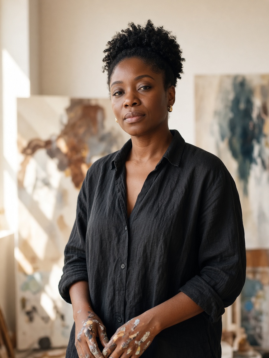Portrait of the artist standing in the studio with paint on her hands.