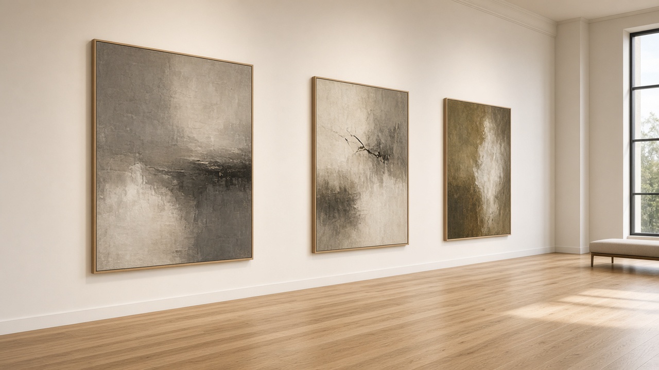 Three paintings installed with space between them on cream gallery walls.