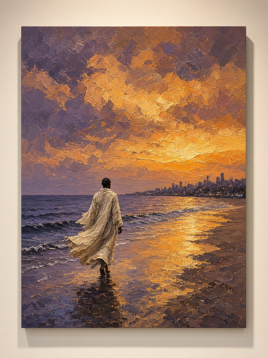 Oil painting of a figure in a pale robe walking into the sea at sunset, with a distant city skyline.