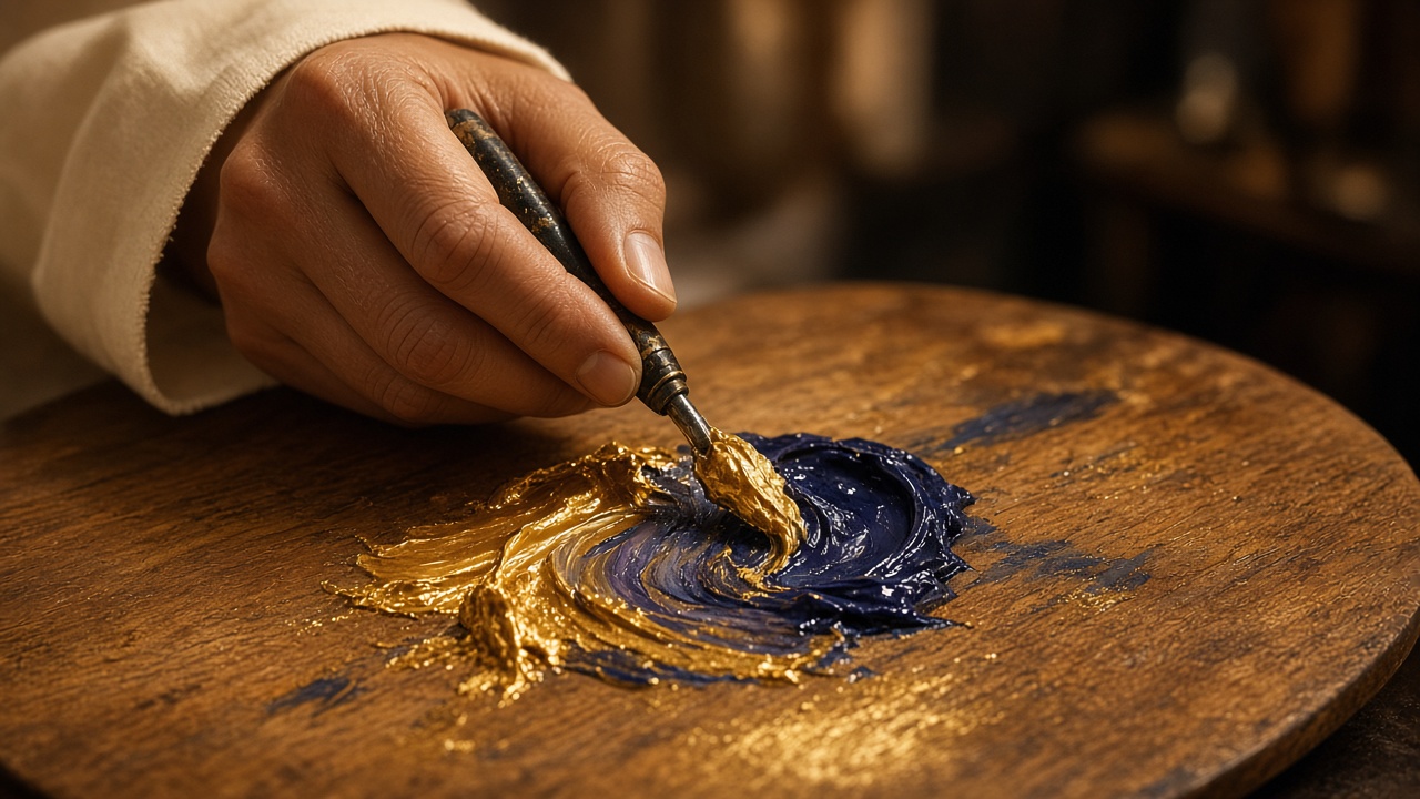 A hand mixing gold and indigo paint on a wooden palette.