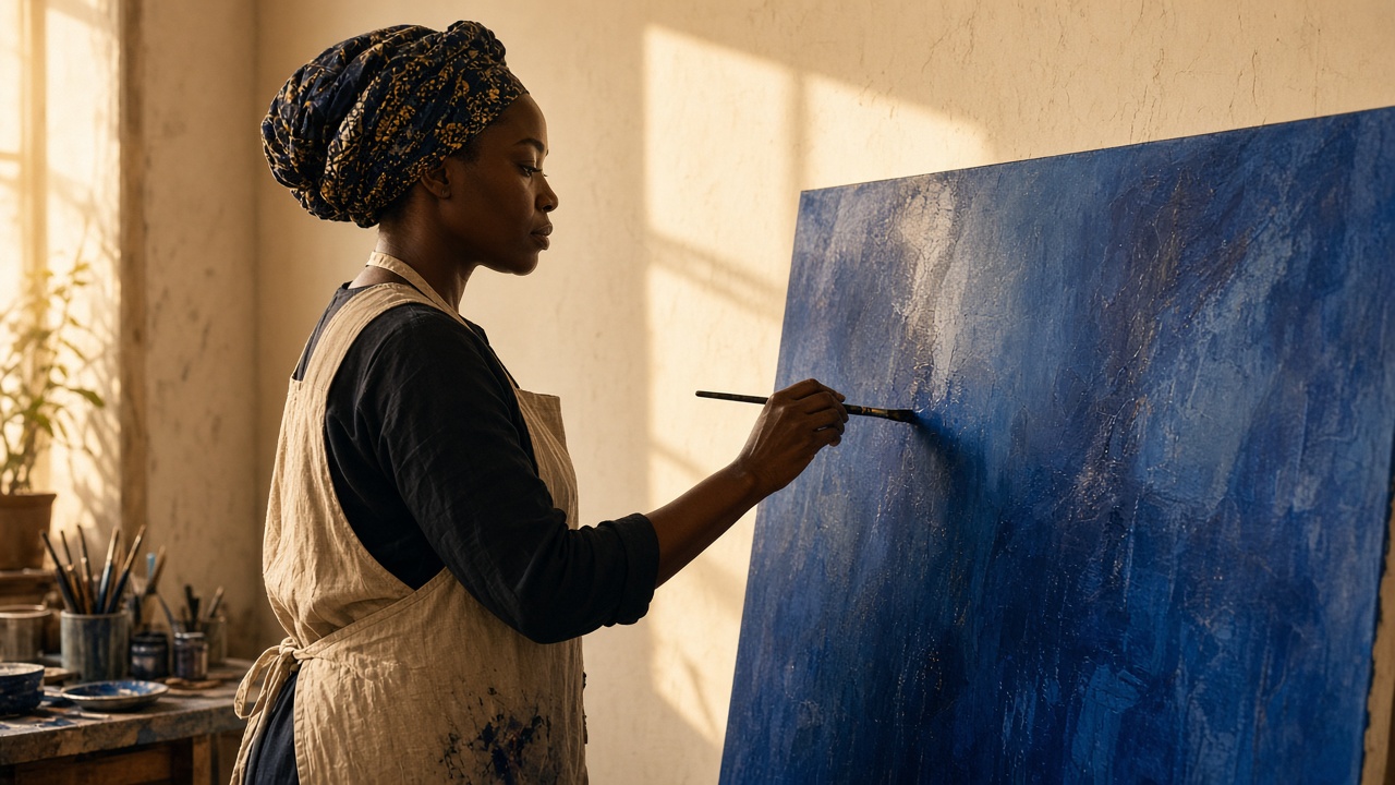 The artist painting a large canvas in a cream studio.